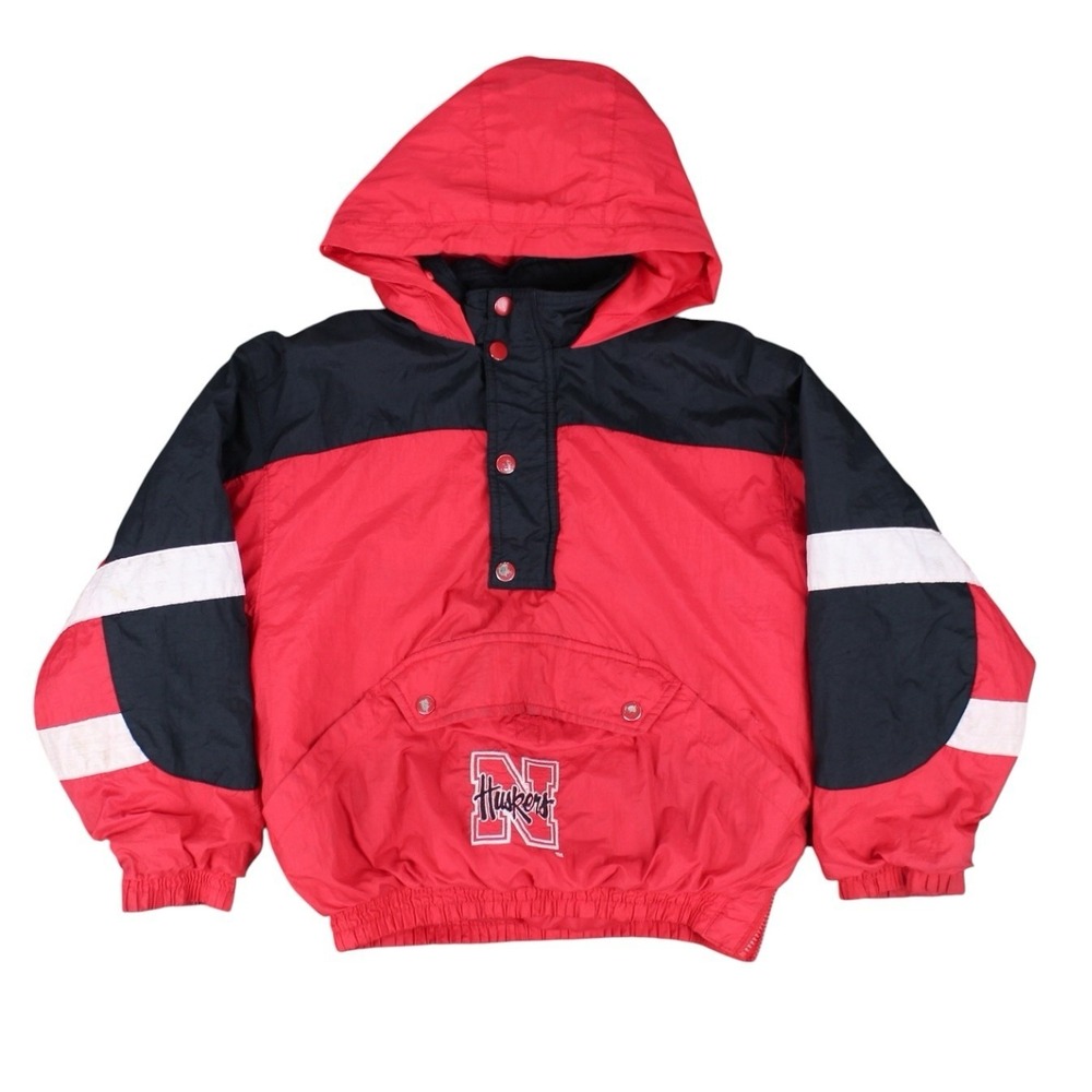 Vintage Nebraska Huskers Hooded Pullover Jacket Red Black Youth Medium NCAA